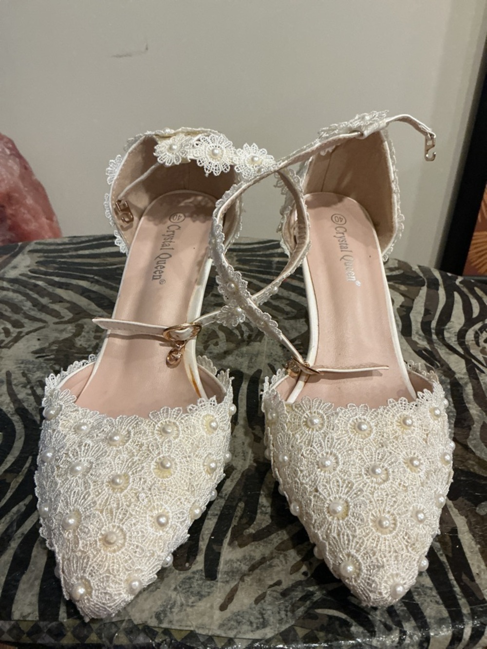 Ivory Lace Pointed-Toe Flats with Pearl & Crochet Detail
